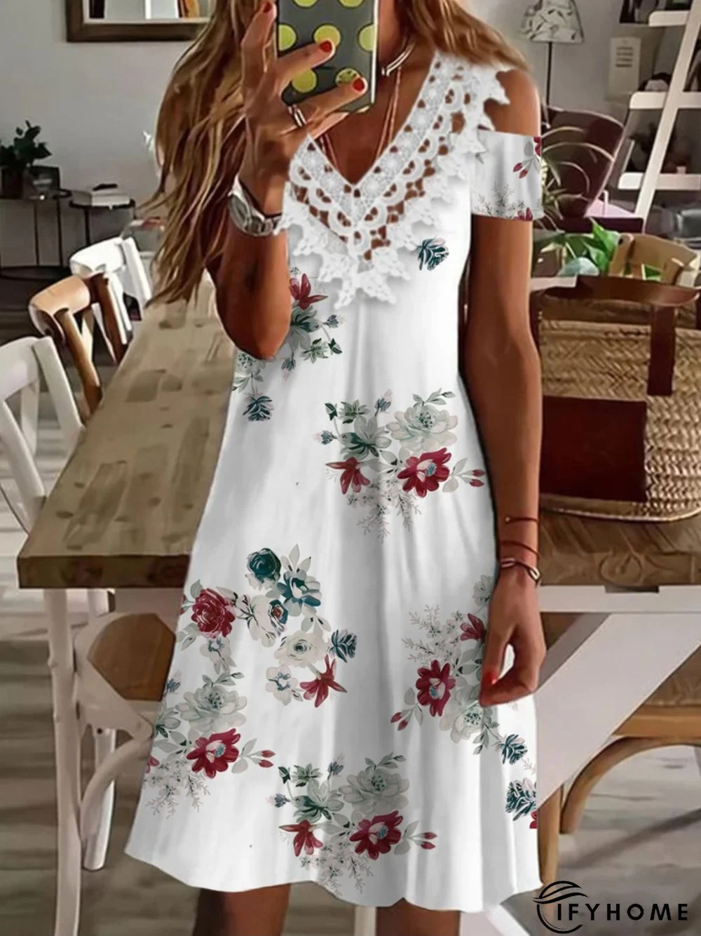 Casual Floral Short Sleeve V Neck Printed Dress | IFYHOME