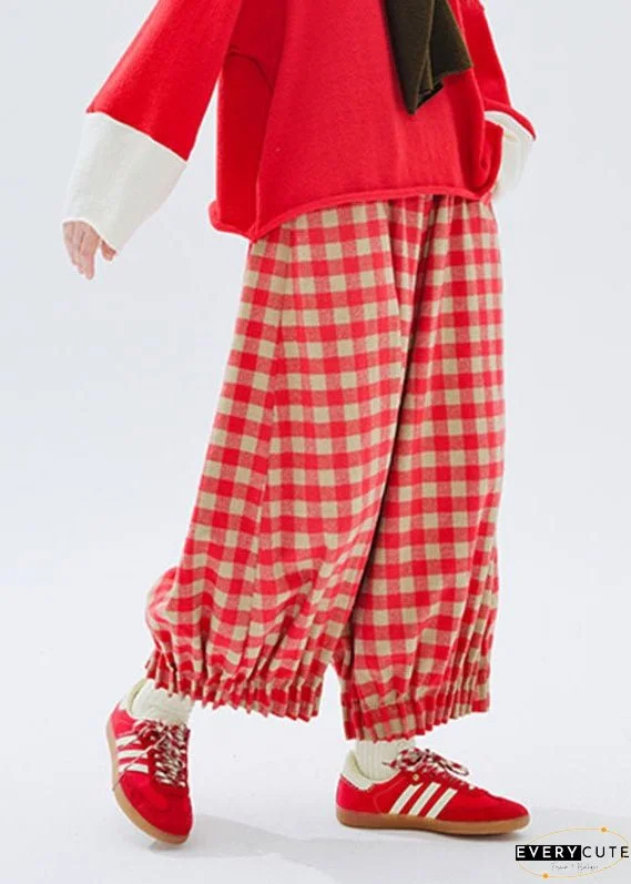 Loose Red Plaid Patchwork Pockets Elastic Waist Lantern Crop Pants Fall