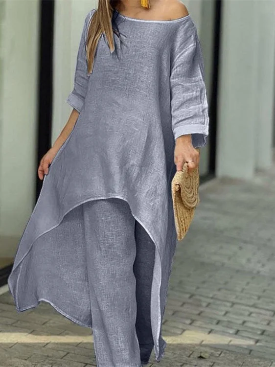 Style & Comfort for Mature Women Women Long Sleeve Scoop Neck Soild Tops And Wide Leg Pants Sets