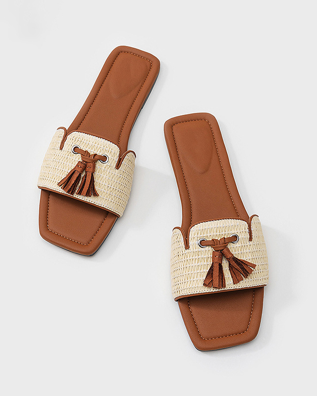 Tassel Accent Woven Straw & Leather Flat Slides