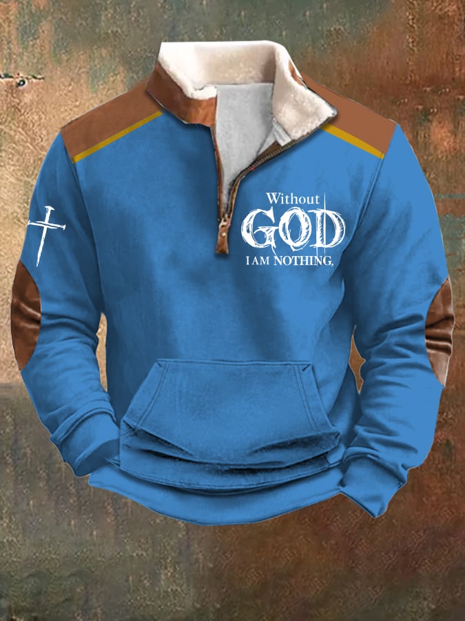 Men's Retro Faith “Without God I Am Nothing,” Print Plush Stand Collar Zip Sweatshirt