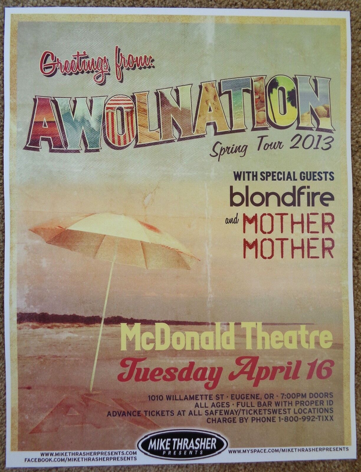 AWOLNATION 2013 Gig POSTER Eugene Oregon Concert