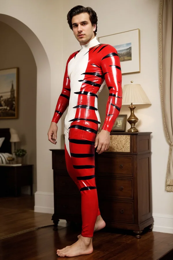 Men Latex Catsuits Wildside Neck Entry Tiger Stripe Animal Print