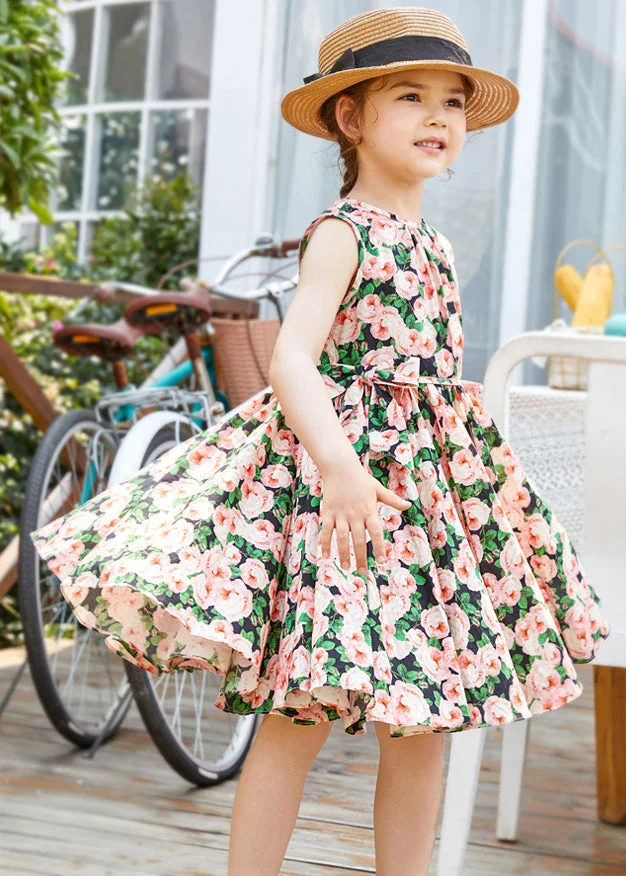 Chic Pink Print Bow Cotton Girls Dress Sleeveless
