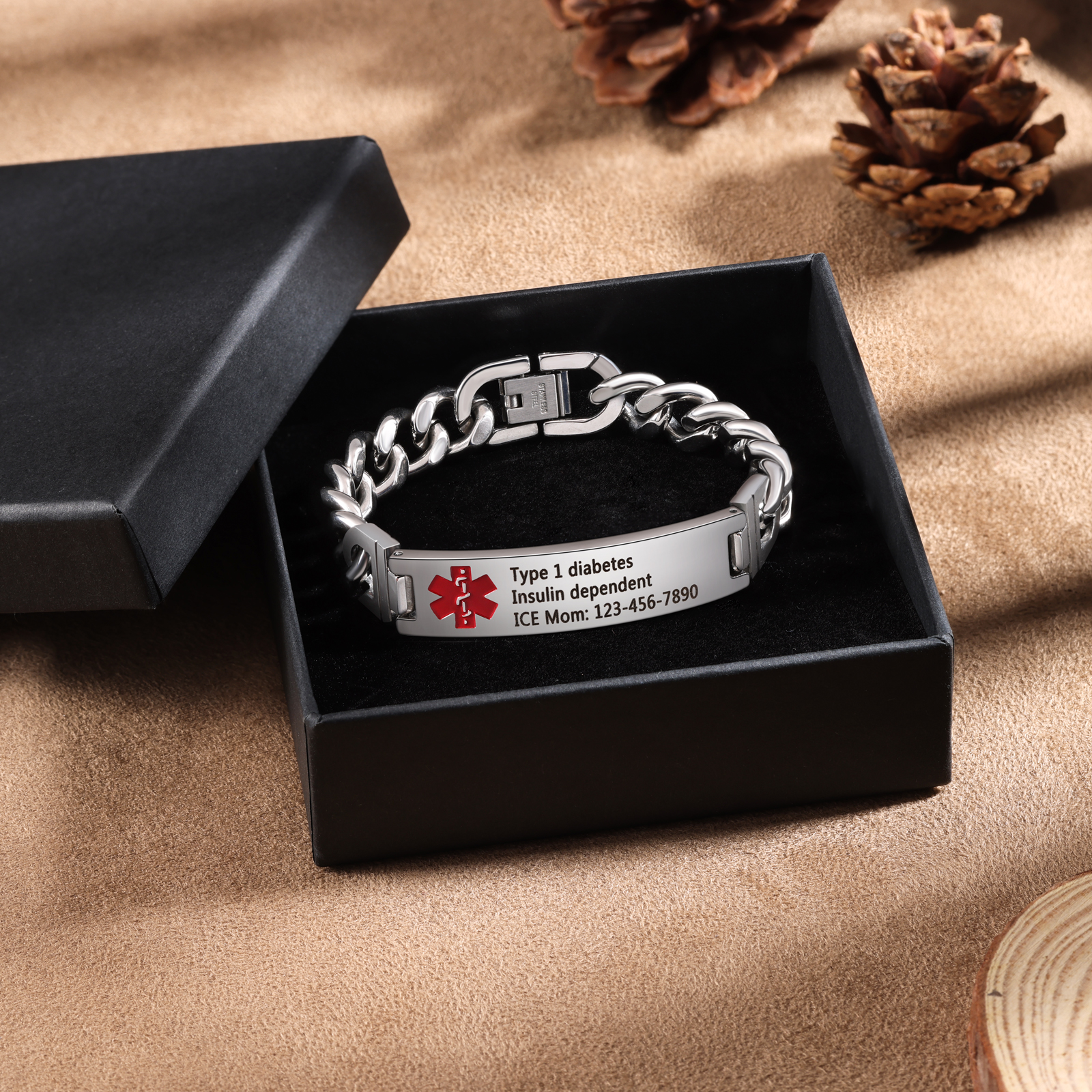 Personalized Medical Alert Bracelet ID Wristbands Stainless Steel Emergency Black Bracelet