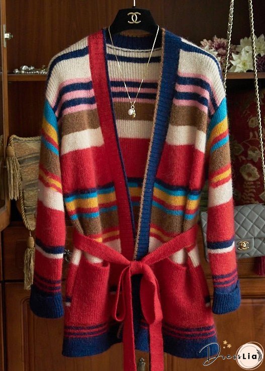 New Striped Tie Waist Pockets Patchwork Knit Cardigan Fall