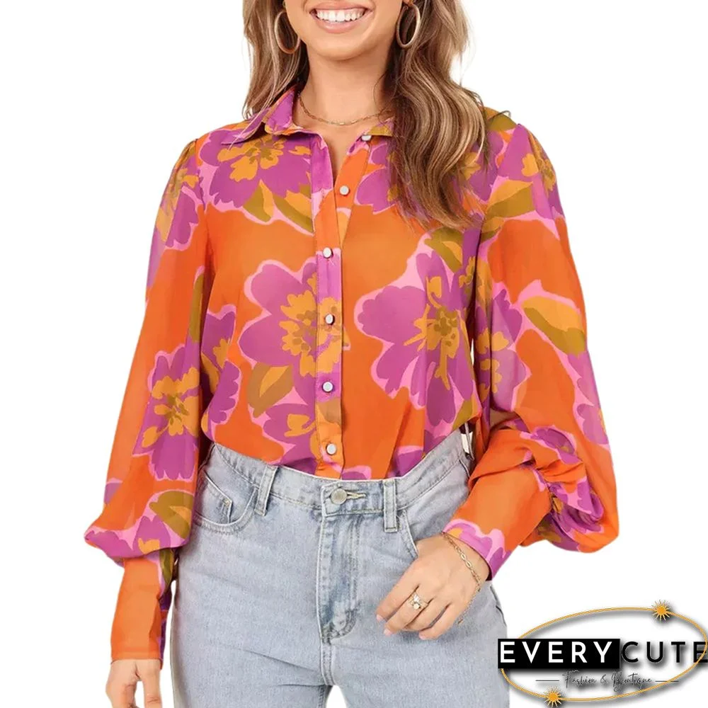 Orange Floral Chiffon Lantern Long Sleeve Blouse