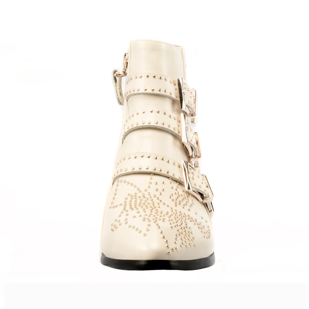 Women's Rivets Metal Buckle Low Heels Ankle Boots-vocosishoes