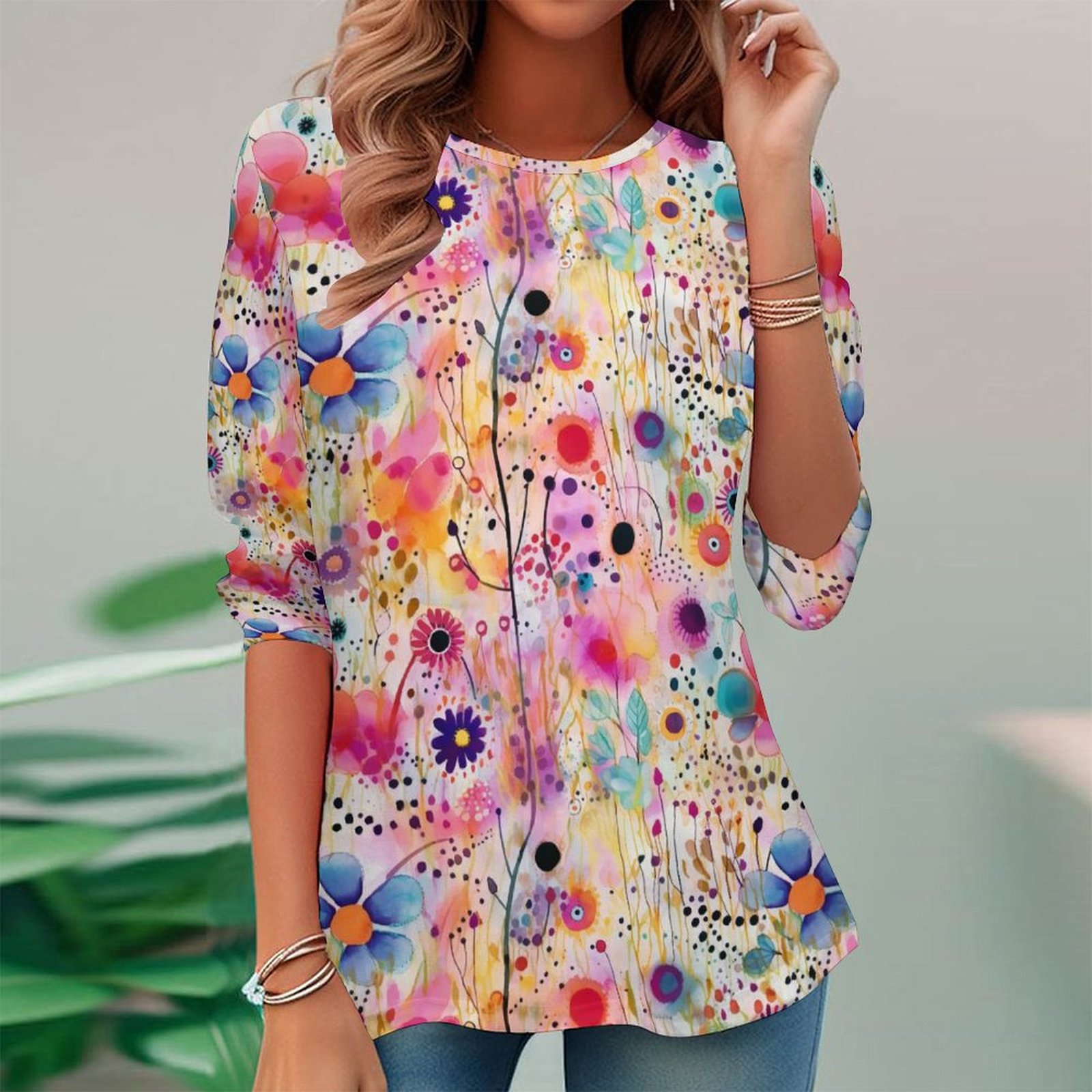 Women Long Sleeve V-neck Graphic Floral Printed Top