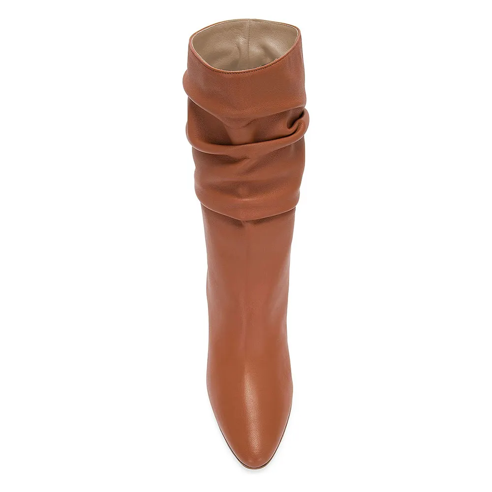 Classic Pointed Toe Chunky Heel Slouch Mid Calf Boots in Tan