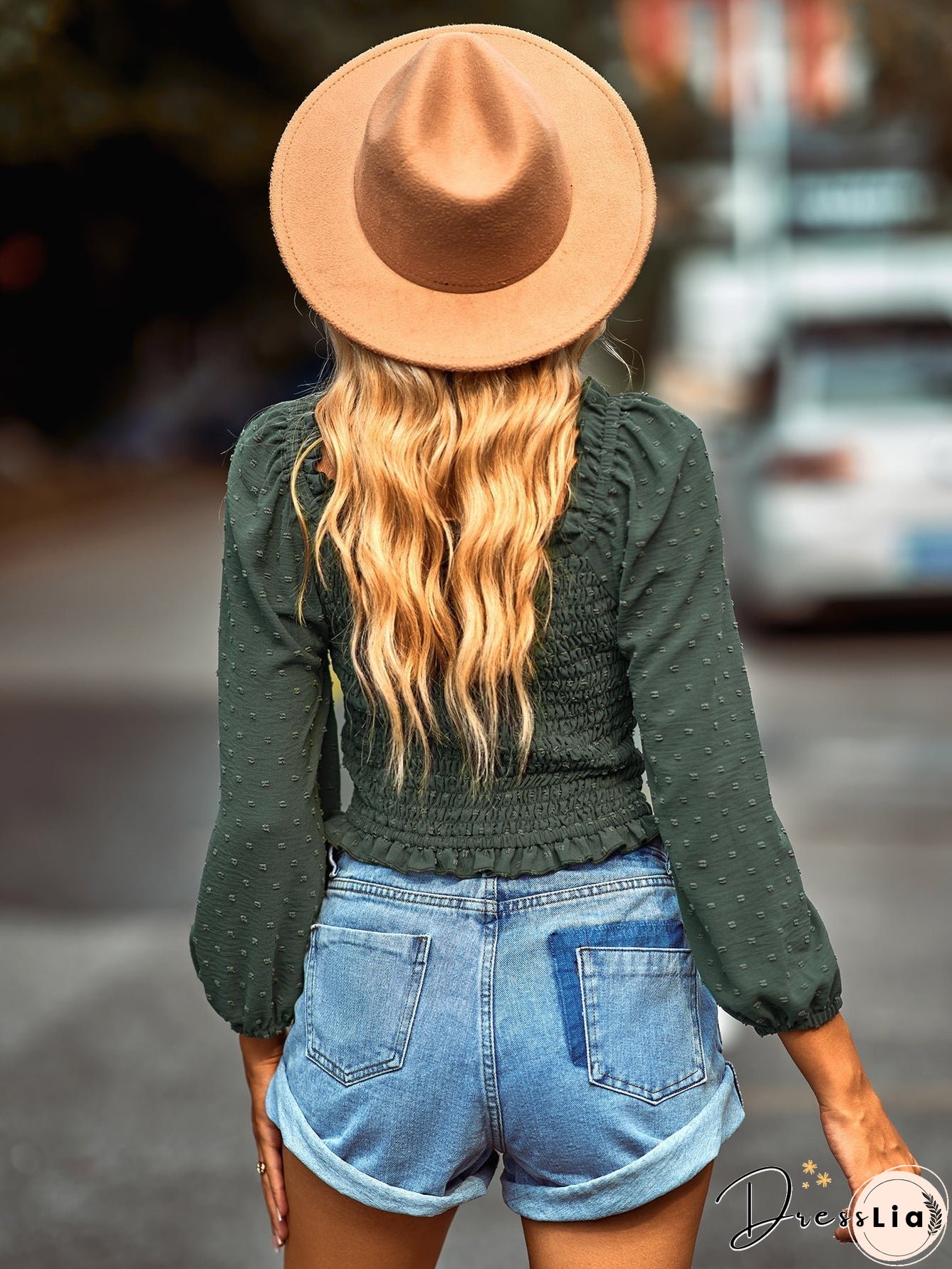 Swiss Dot Smocked Frill Trim Blouse