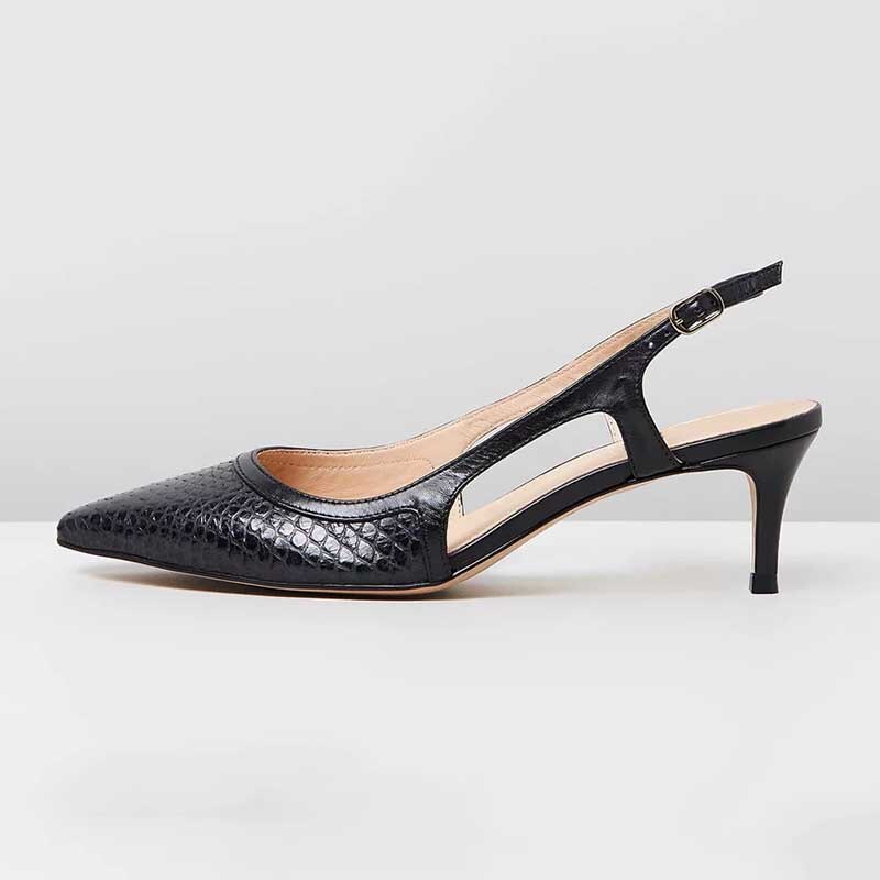 Black Snakeskin Pointed Toe Kitten Heel Slip-On Buckle Slingback Pumps Nicepairs