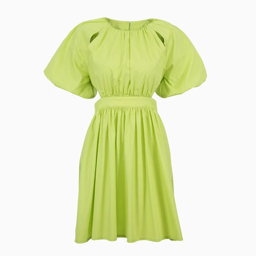 OOTN Green Casual A Line Women Dress Round Neck Back Hollow Out Sexy Mini Dress Ruched Chic Summer Puff Sleeve Dresses Cotton