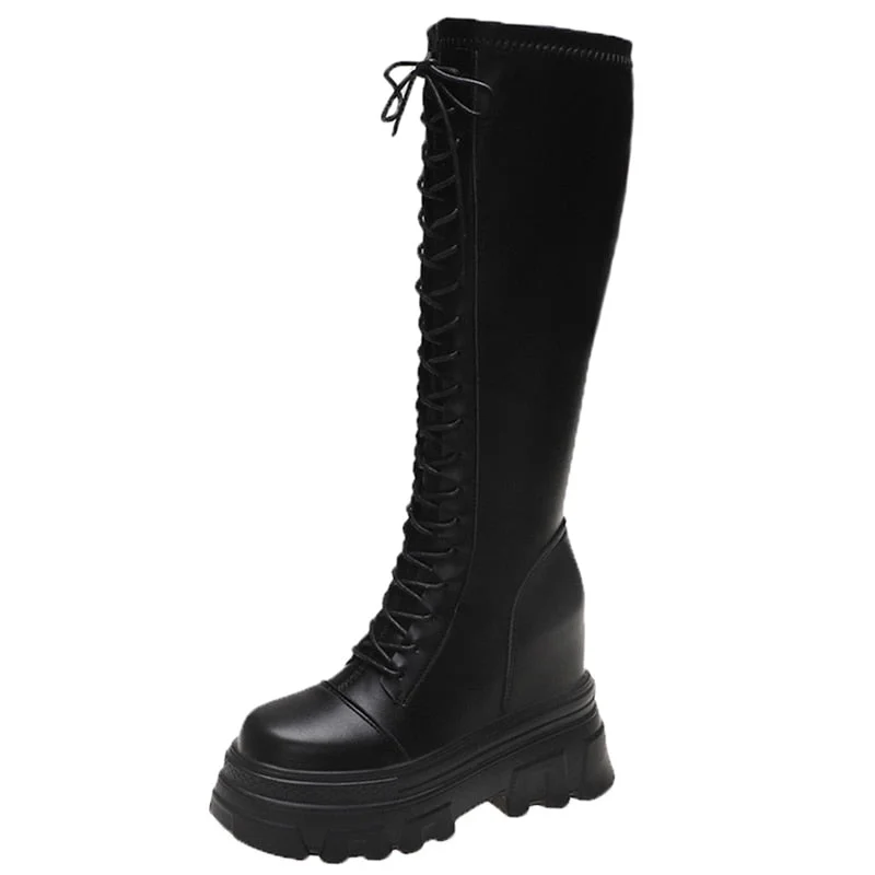 Autumn Chunky Platform Knee High Boots Women Retro Punk Height Increasing Long Boots Woman Black Lace Up Booties Mujer