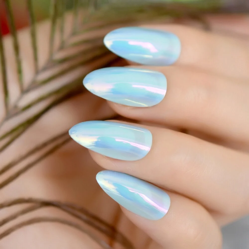 Unicorn Chrome Nails Fake Almond Medium White Acrylic Tips Mirror Shiny Decorative Fingernails with Glue Tabs-Nail Inspo