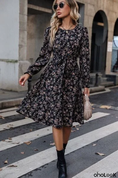 Printed Round Neck Flounce Sleeve Dress