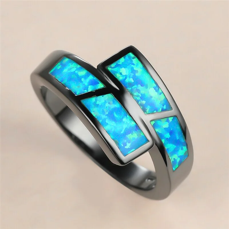 Luxury Female Blue Opal Stone Ring Charm 14KT Black Gold Big Wedding Rings For Women Dainty Bride Geometry Engagement Ring
