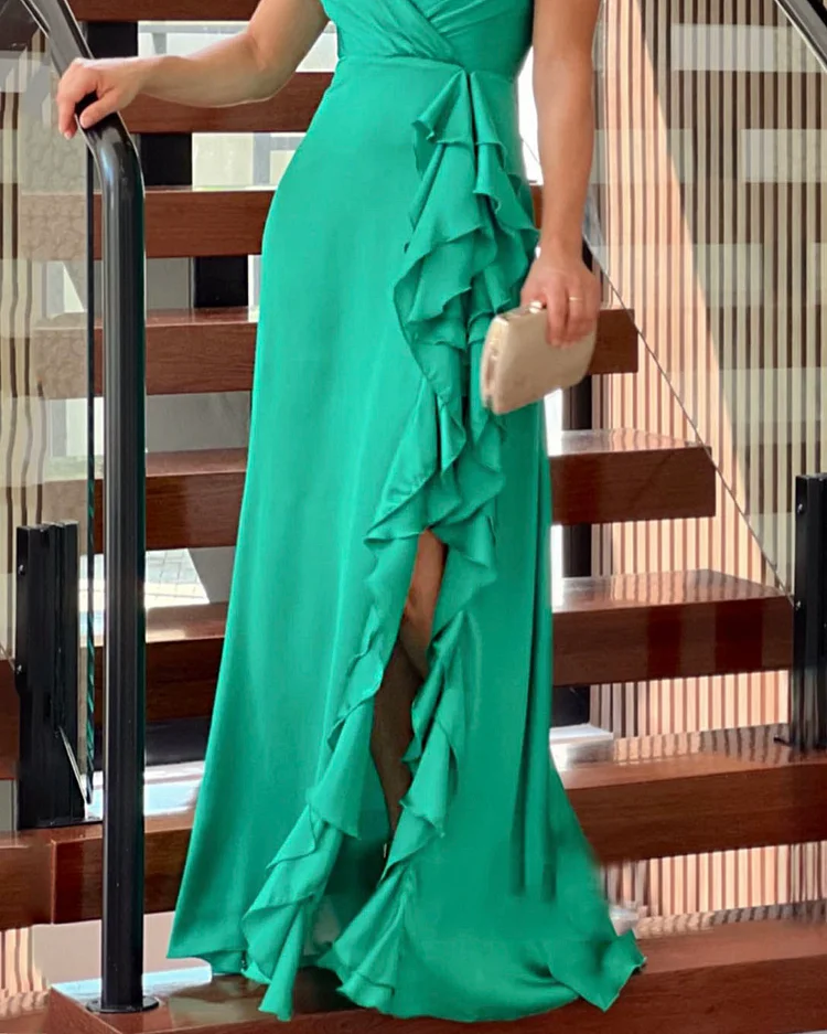 Sleeveless Solid Ruffle Slit Dress