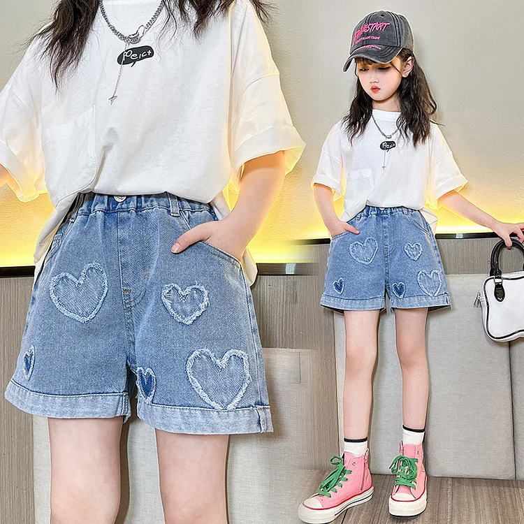 流行デザイン ハート ハイウエスト 切り替え 女の子 キッズコーデ コーディネート おすすめ通販 ショートパンツ