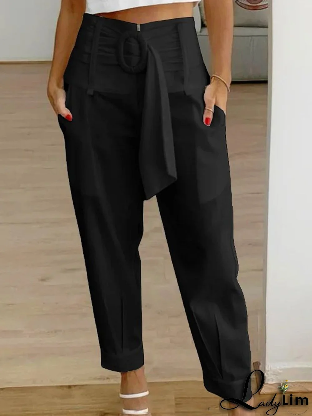 Casual Solid Pockets Belt Crop Pants