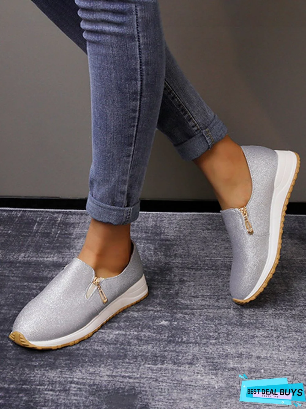 Lightweight Soft Sole Zip Glitter Casual Sneakers