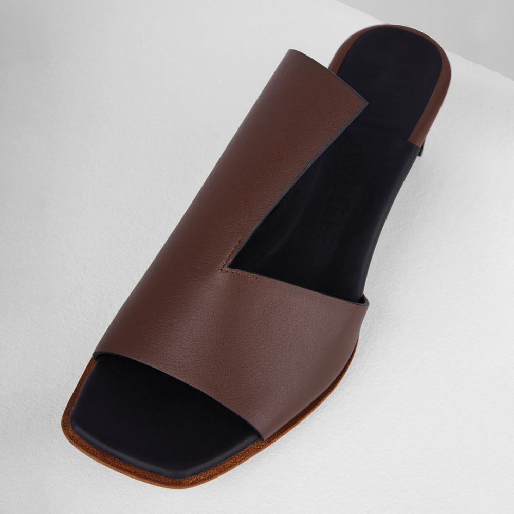 Brown Asymmetric Upper Open Toe Kitten Heel Mules Sandals Nicepairs