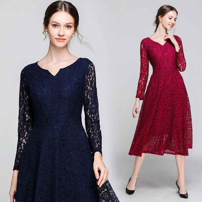 Temperament V-neck mid-length lace big dress