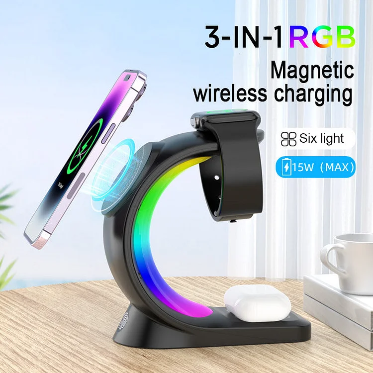 Magnetic Multi Wireless Stand Compatible With Apple MagSafe Charger With RGB LED Night Light