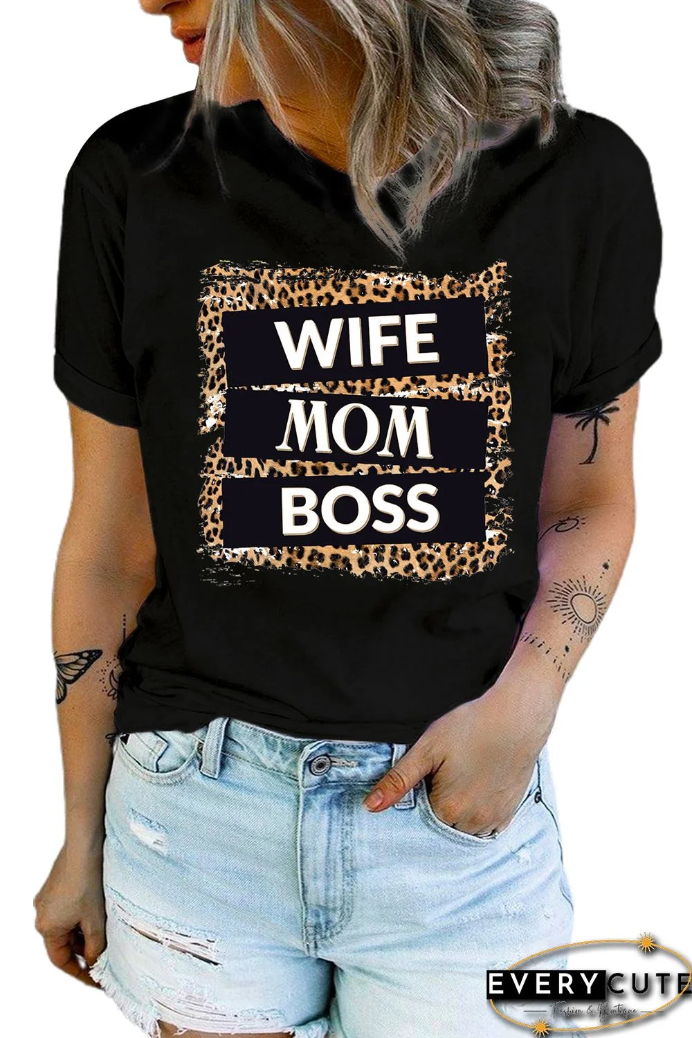 Black WIFE MOM BOSS Print Crew Neck T Shirt