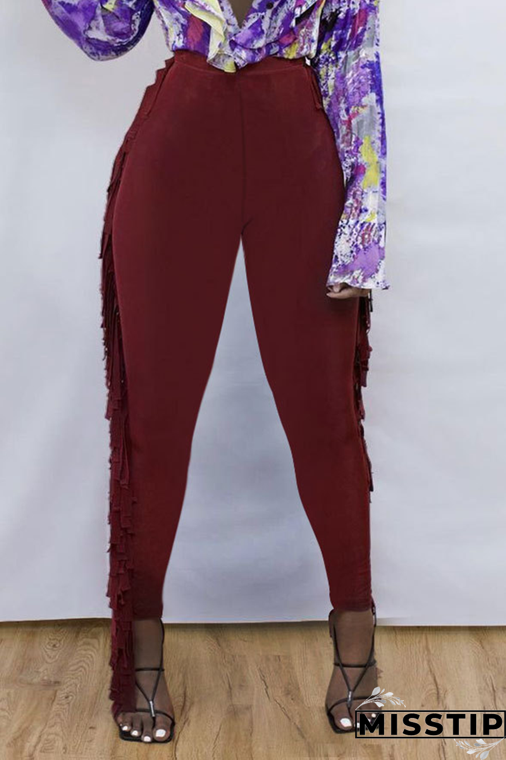 Burgundy Sexy Solid Tassel Skinny High Waist Pencil Solid Color Bottoms