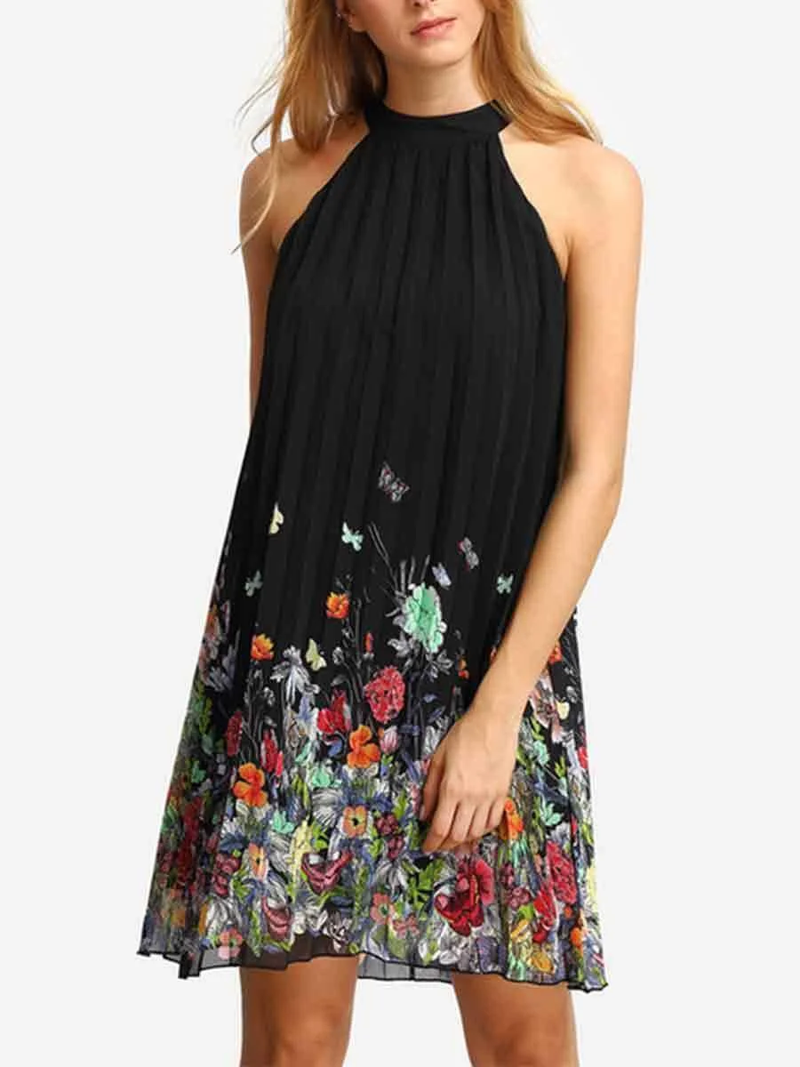 Crew Neck Halter Sleeveless Floral Dress