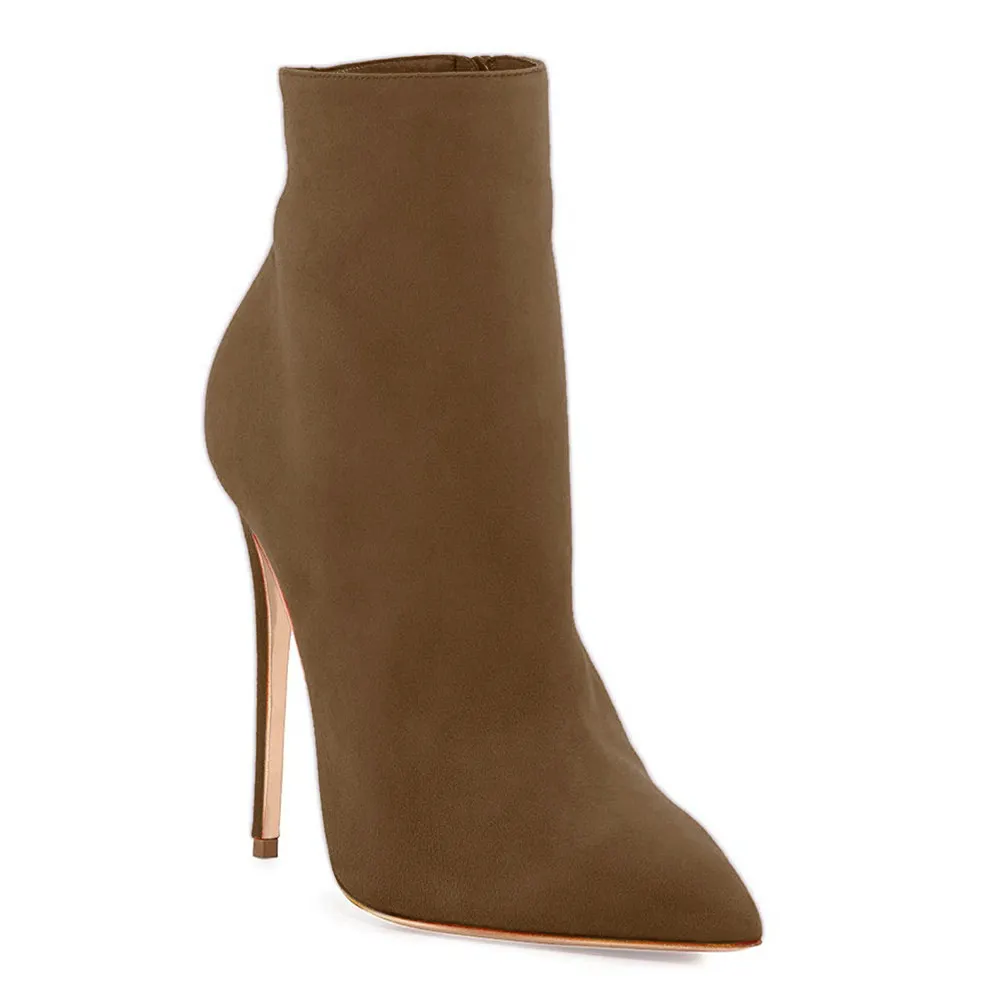 Women's Ankle Boots Closed Pointed Toe Stilettos Brown Booties-vocosishoes