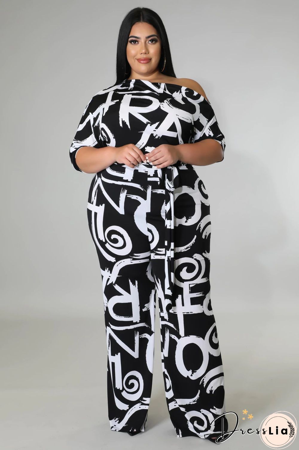 Off-the-shoulder Printed Plus Size Wide Leg Jumpsuit