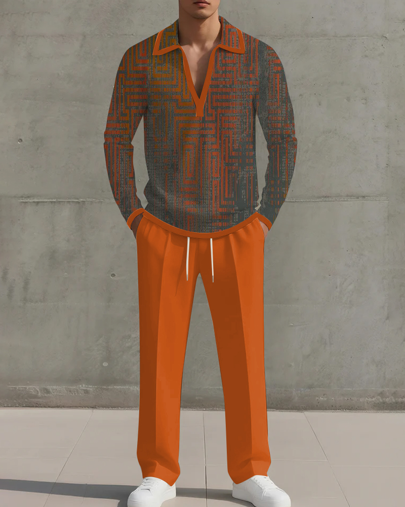 Big & Tall Men's Orange Geometric Print POLO V-Neck Long Sleeve Pants Two-Piece Set