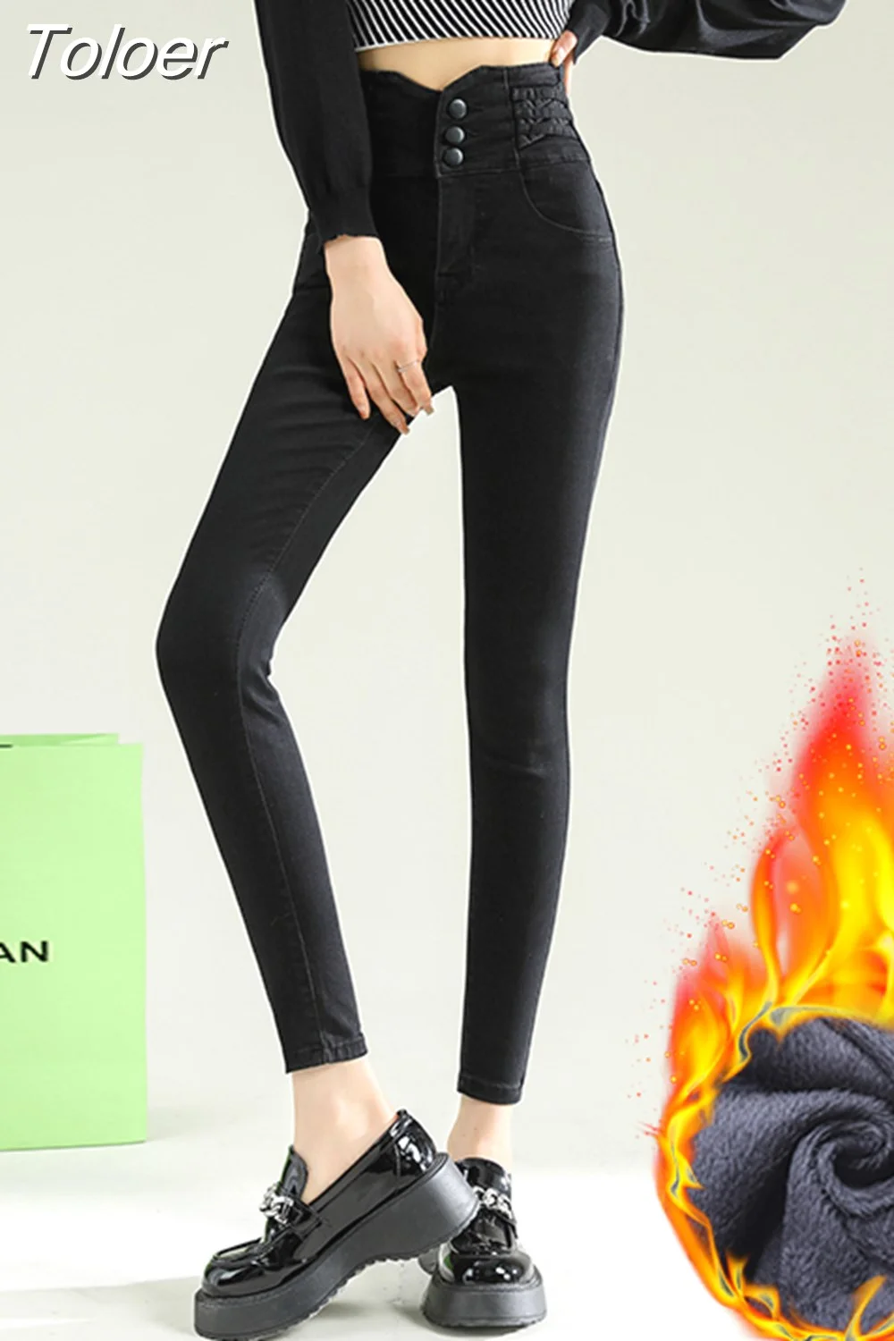 Toloer Fleece Warm New Fashion Wild Versatile Jeans Women's Skinny Y2K Skinny High Quality Black Stretch Pencil Pants Commuter