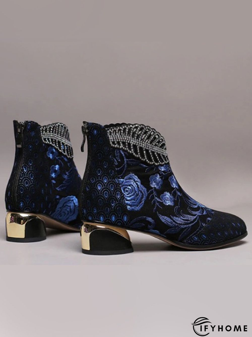 Retro Ethnic Embroidered Rhinestone Chunky Heel Zipper Boots | IFYHOME