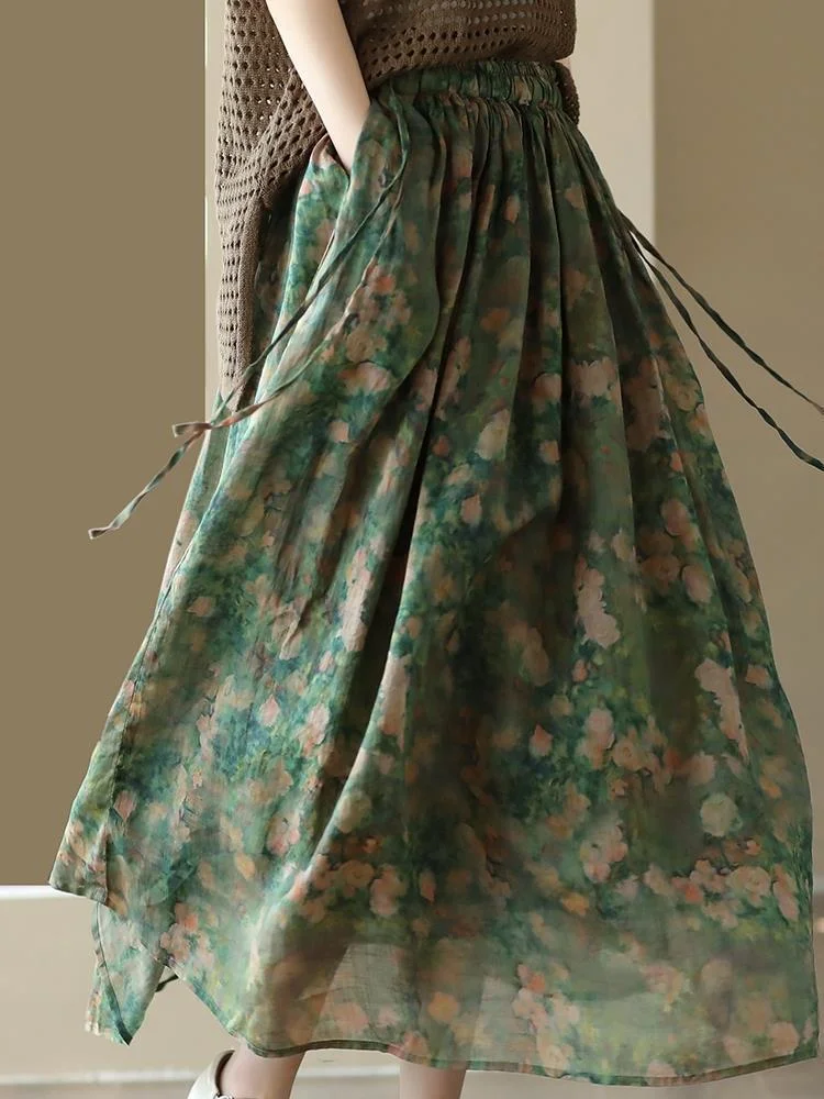 Ueong New Heavy Industry Print Skirt In The Summer Of 2023 Is Elegant Cotton And Linen Half Skirt, Lady's Vintage Broken Flower Big Swing Skirt.