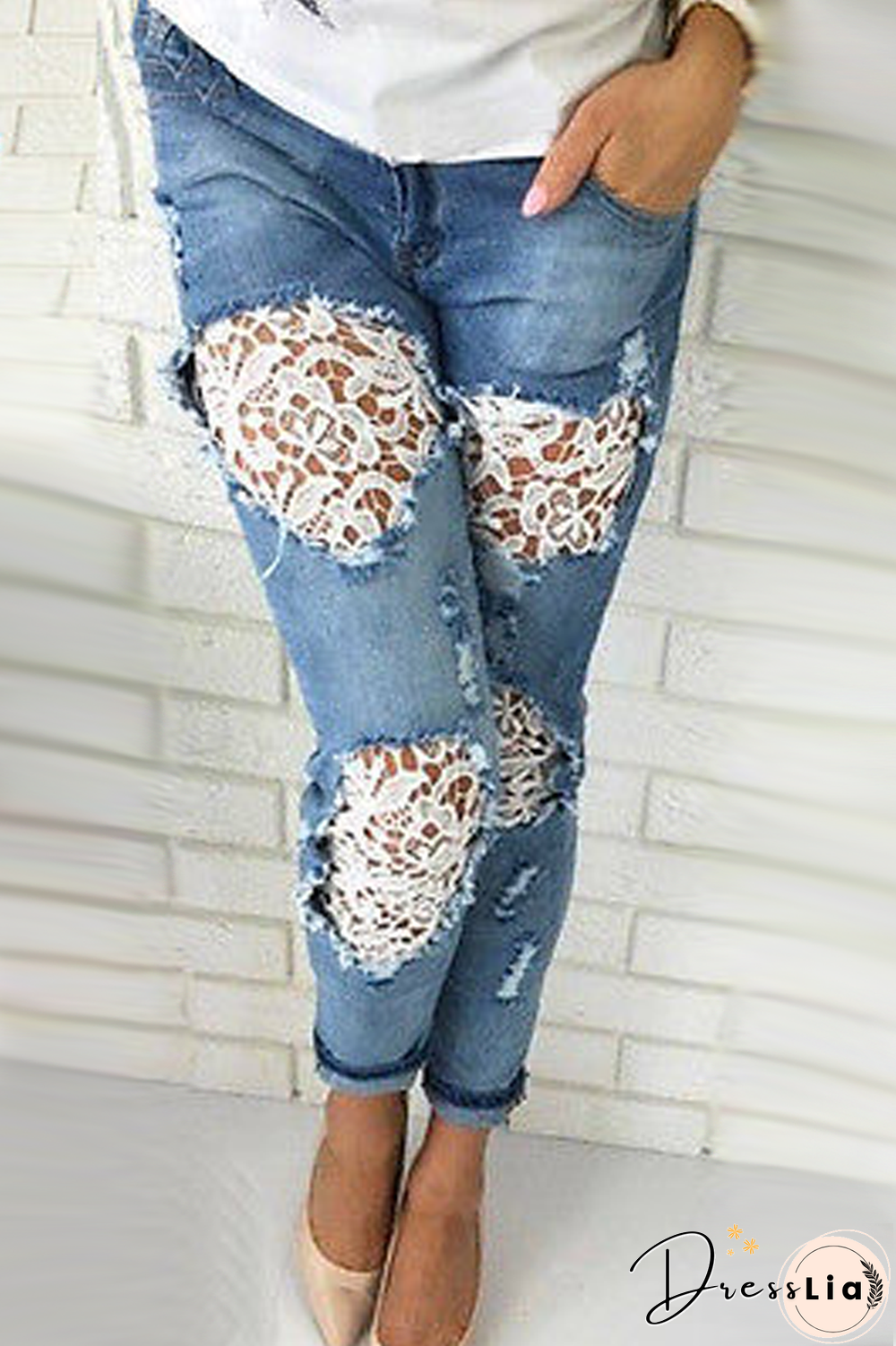 Denim Lace Patchwork Distressed Pants