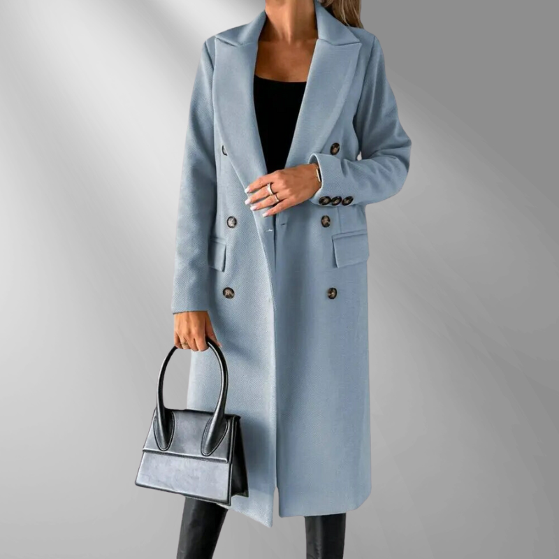 Damen Mantel – Doppelreiher, Tailliert, Wollmix, Goldknöpfe, Knielang, Eleganter Stil-55035-59519544492375