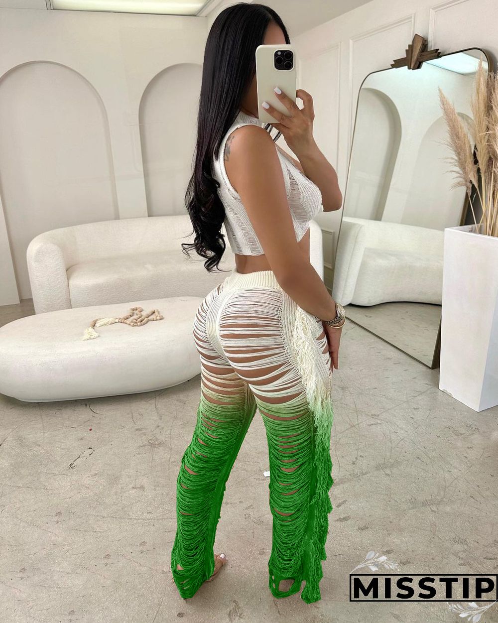 Gradient Knitted Tassel Two Piece Pants Set