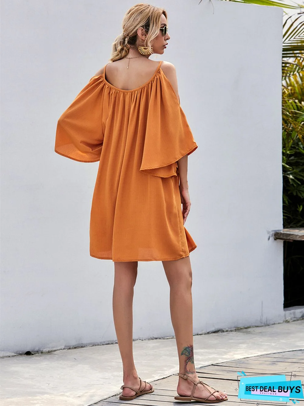 European and American Women's Casual Sexy Dress with Flared Sleeves and Shoulder Leakage