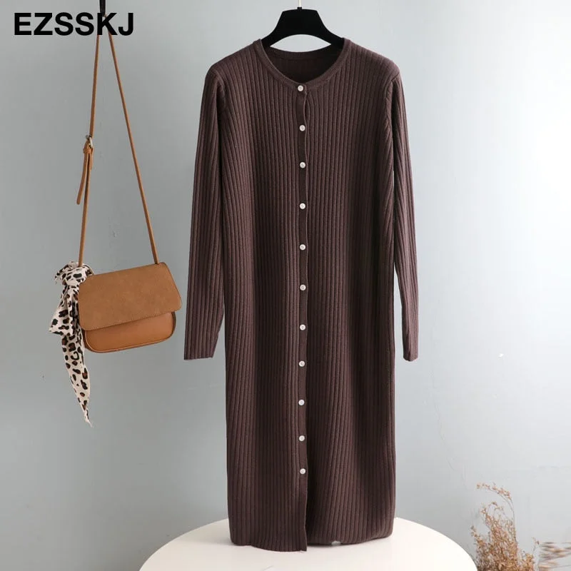 autumn winter o-neck button oversize long sweater dress chic loose knit dress women long dress Female chic sweater maixt dress