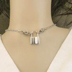 pornhint Pornhint Padlock Pendant Byzantine Chainmaile Day Collar, Unique Submissive Necklace for New Girlfriend, BDSM HotWife Jewelry Daily 24/7 Wear Her