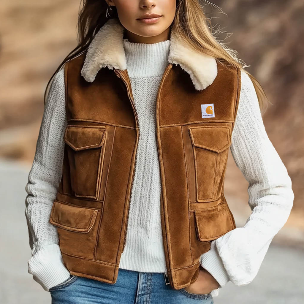 Women's Vintage Suede Multi-Pocket Fur Collar Lapel Vest