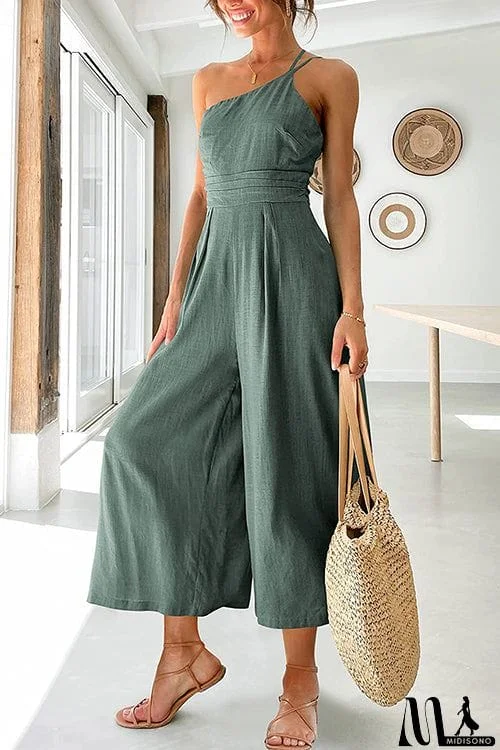 MidiSono - One Shoulder Straps Wide Leg Jumpsuits