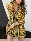 Vintage Print Shirt Collar Mini Dress