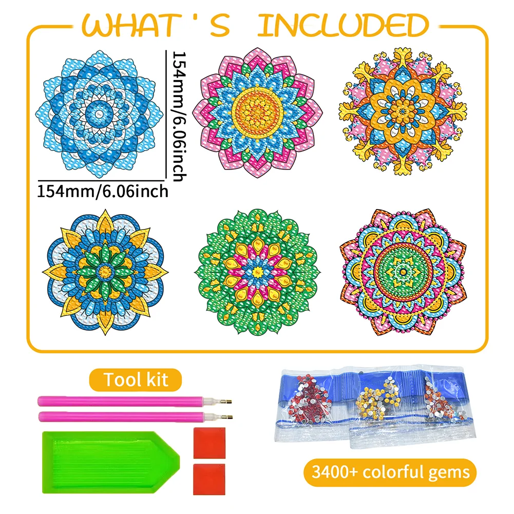 6pcs DIY Mandala Gem Art DIY Craft Kits Diamond Painting Stickers for Boy Girl Gift