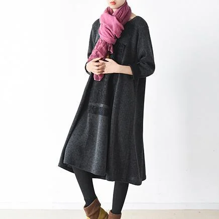 Warm Plus size cotton dresses caftans oversized cotton outwear in dull gray knit cotton fabric