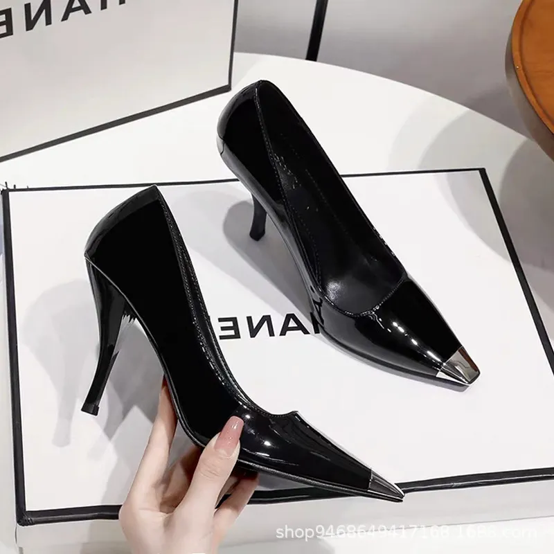 Breakj Breakj Summer New Black Patent Leather High Heels Fine Heel Temperament Square French Girl Professional Fashion Single Shoes