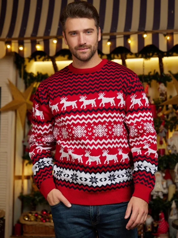 Men's Christmas Crew Neck Elk Jacquard Long Sleeve Sweater Flusfy